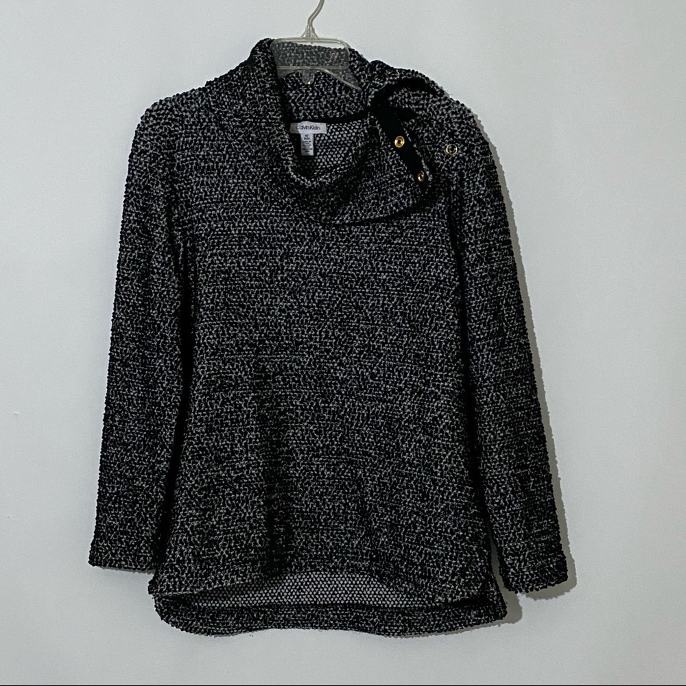 Calvin Klein cowl neck sweater long sleeve top snaps at collar Black Gray Size M